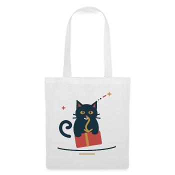 Katze klaut die Geschenkschleife – Weihnachten - Stoffbeutel - Weiß - Vorne