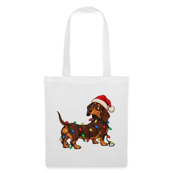 Lustiger Weihnachtsdackel mit bunter Lichterkette - Stoffbeutel - Weiß - Vorne