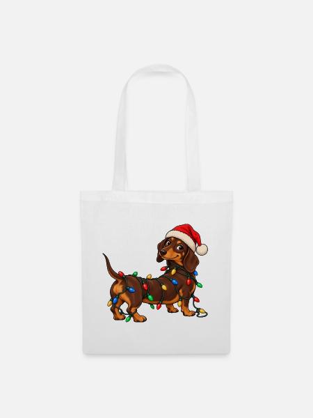 Lustiger Weihnachtsdackel mit bunter Lichterkette - Stoffbeutel - Weiß