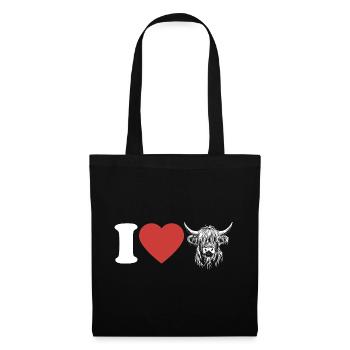 I Love Highland Cattle - Herz - Kuh - Rinderzucht - Stoffbeutel - Schwarz - Vorne
