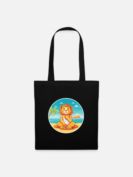 Löwe-Karikatur-Yoga-Strand-Sommer-Illustration - Stoffbeutel - Schwarz