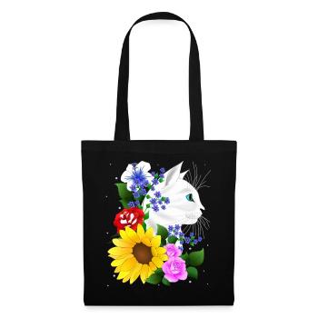 Katze Kater Kitten Blumen Blüten Katzen Cat - Stoffbeutel - Schwarz - Vorne