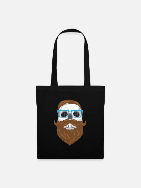 Hipster Totenkopf - Skull mit Bart und Brille - Stoffbeutel - Schwarz