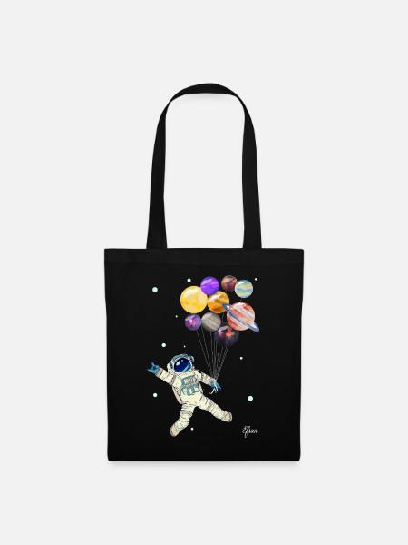 Astronaut mit Planeten Luftballons - Weltraum - Stoffbeutel - Schwarz