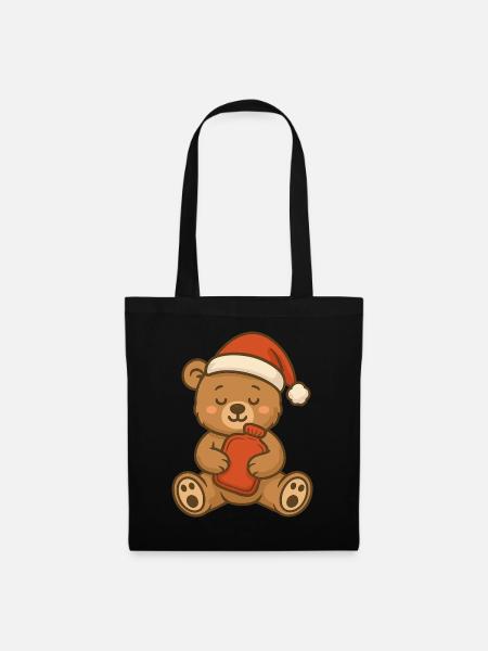 Weihnachtsbär mit Wärmflasche Cartoon - Stoffbeutel - Schwarz