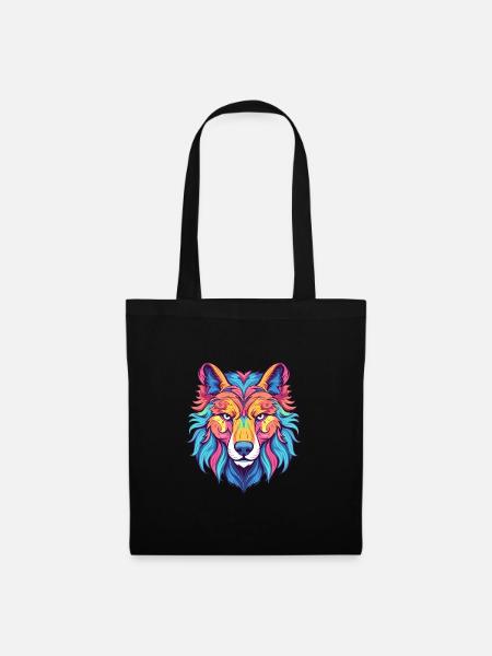 Wolf Buntes Aquarell Cartoon Kawaii Tier - Stoffbeutel - Schwarz