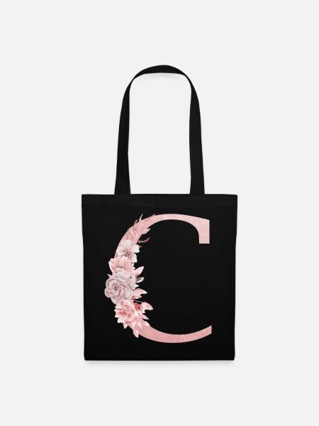 Buchstabe C Rosa Blumen - Stoffbeutel - Schwarz