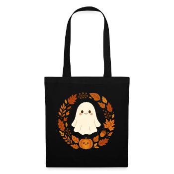 Cute Ghost im Herbstkranz – Cozy Halloween Design - Stoffbeutel - Schwarz - Vorne