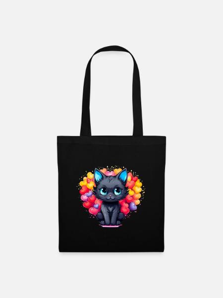 Schwarze Katze – Herz voller Liebe - Stoffbeutel - Schwarz