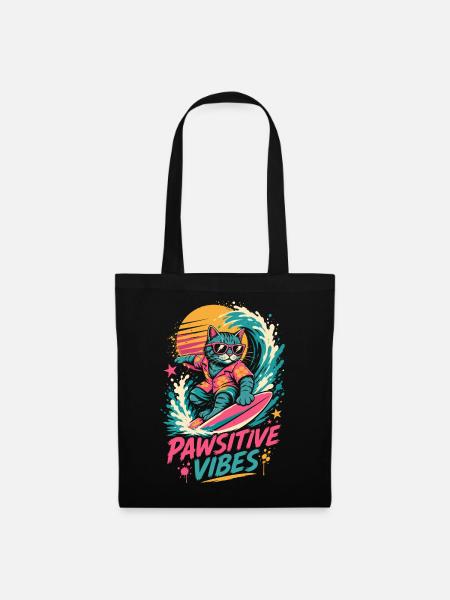 Surfende Katze – Pawsitive Vibes - Stoffbeutel - Schwarz