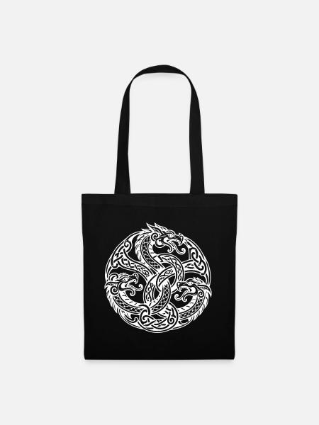 Drei ineinander verwobene Drachen in einem kreisförmigen Emblem - Stoffbeutel - Schwarz