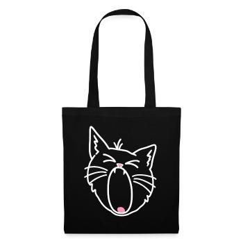 Katze gähnt beim Aufwachen – Minimalistische Zeichnung - Stoffbeutel - Schwarz - Vorne