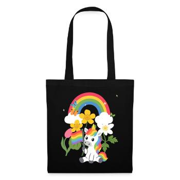 Einhorn Blumen Kinder Fabelwesen Regenbogen - Stoffbeutel - Schwarz - Vorne