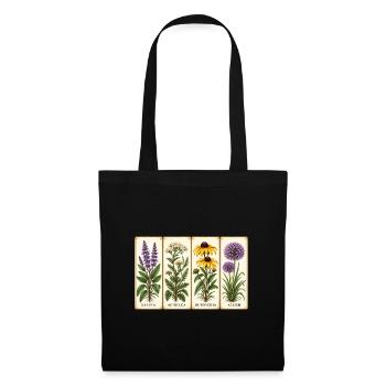 Vintage Pflanzenkarten Serie: Vier Blüten - Stoffbeutel - Schwarz - Vorne