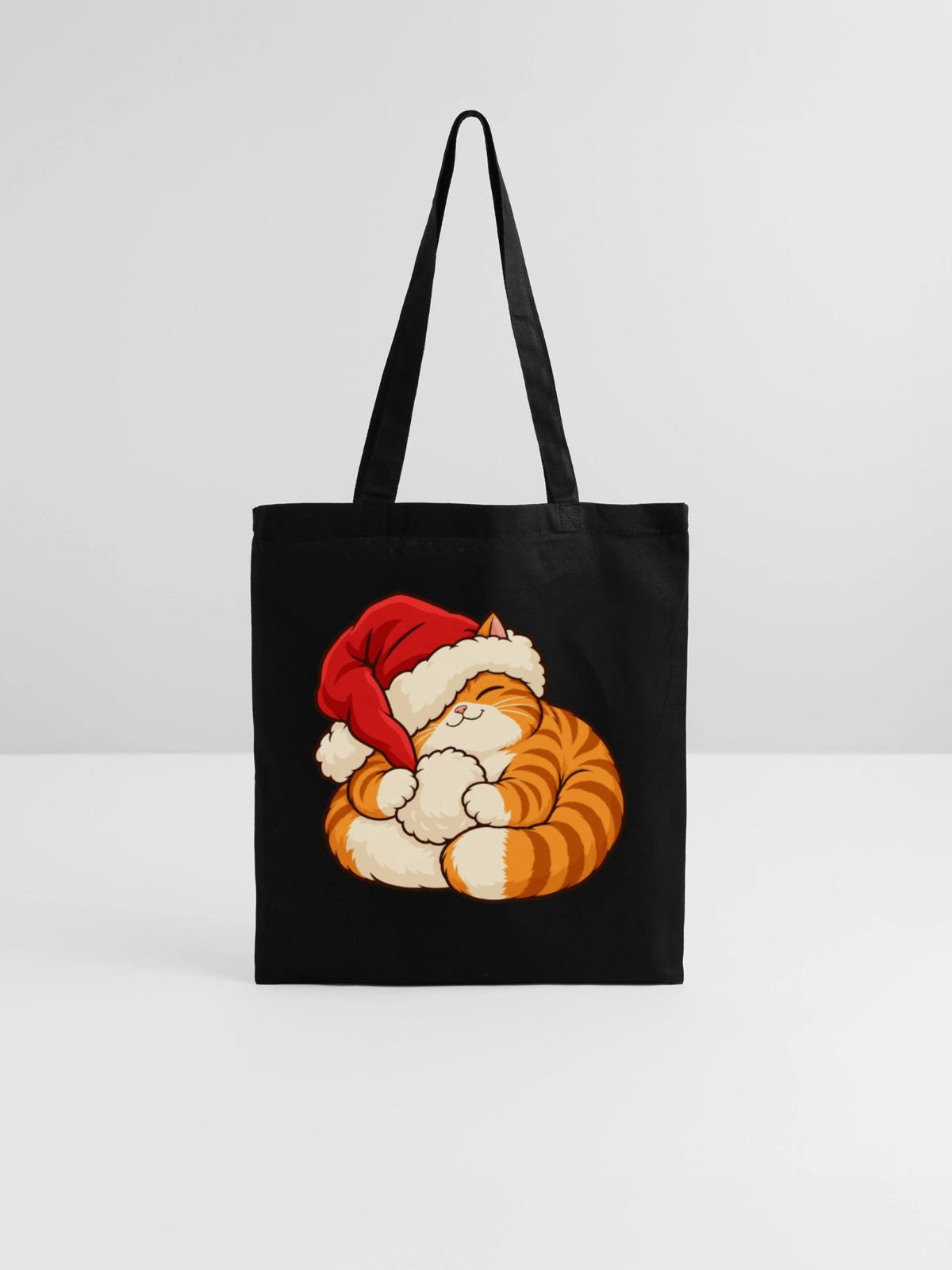 Weihnachten - Schlafendes Weihnachtskätzchen - Stoffbeutel - Schwarz - Vorne
