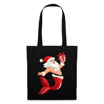 Weihnachtsmann mit Fischschwanz und Geschenk  - Stoffbeutel - Schwarz - Vorne