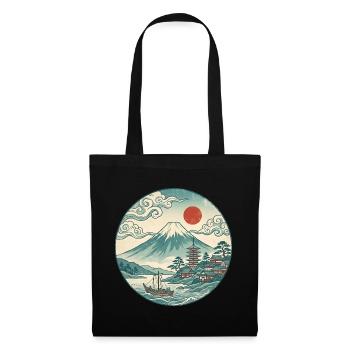 Fuji mit roter Sonne und Pagode - Stoffbeutel - Schwarz - Vorne