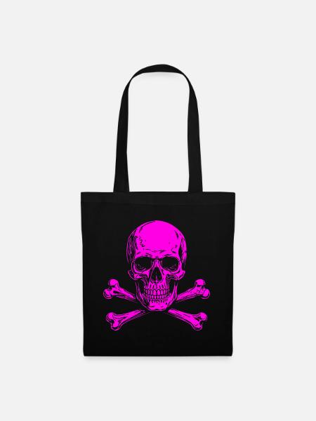 Neon Pink Skull mit Knochenkreuz - Stoffbeutel - Schwarz
