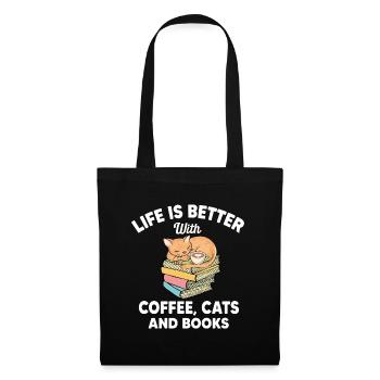 Ein besseres Leben mit Kaffee, Katzen und Büchern - Stoffbeutel - Schwarz - Vorne