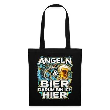 Angeln und Bier mit Hecht und Bierkrug - Stoffbeutel - Schwarz - Vorne