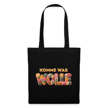 Komme was WOLLE Patchbuchstaben Wolle und Blumen - Stoffbeutel - Schwarz - Vorne