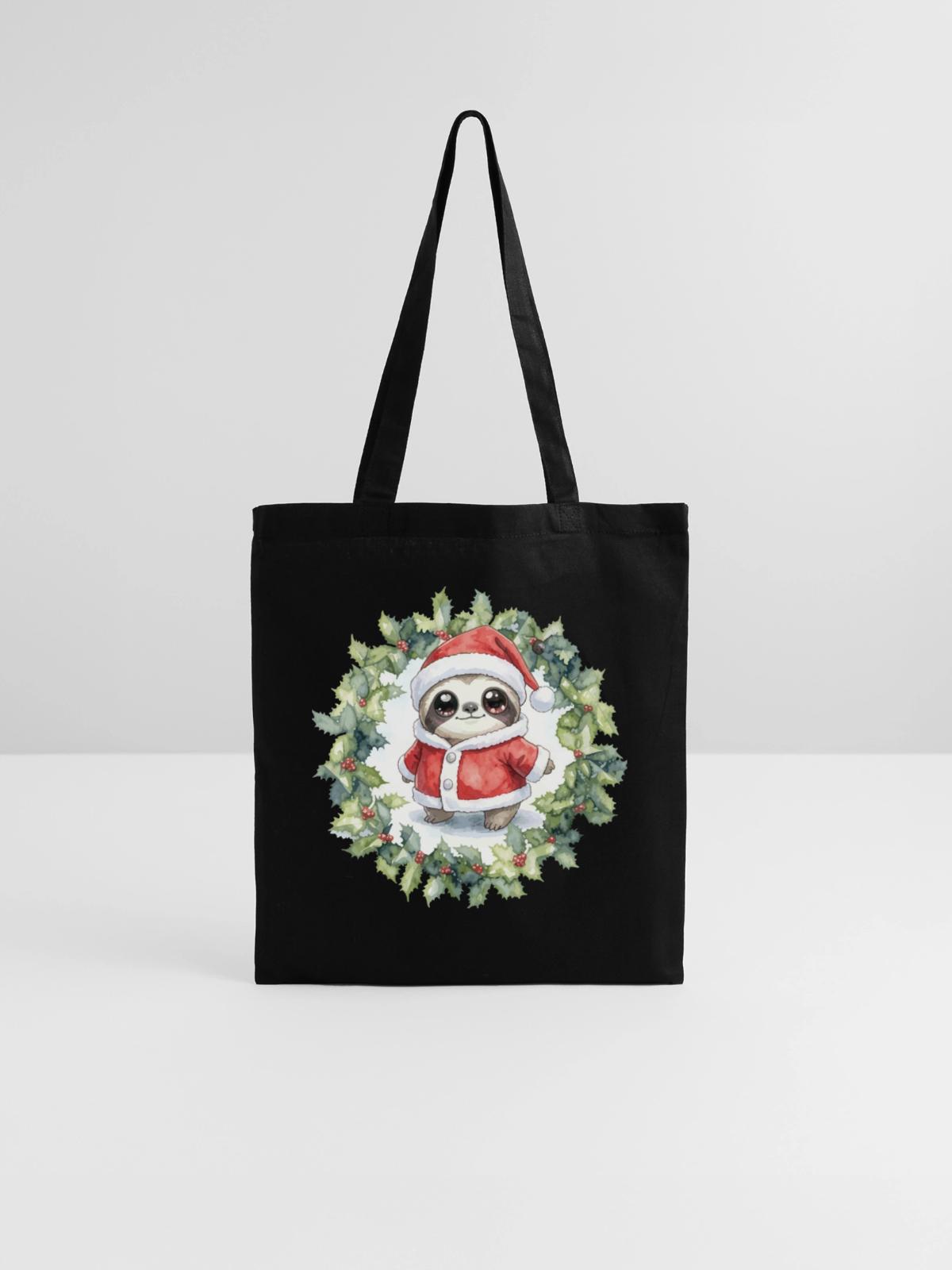 Weihnachts-Faultier im Santa-Outfit - Stoffbeutel - Schwarz - Vorne