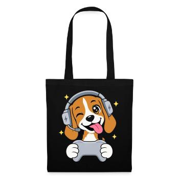 Gaming Beagle mit Headset und Controller - Stoffbeutel - Schwarz - Vorne
