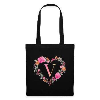 V Monogramm Blumen Herz personalisierbar - Stoffbeutel - Schwarz - Vorne