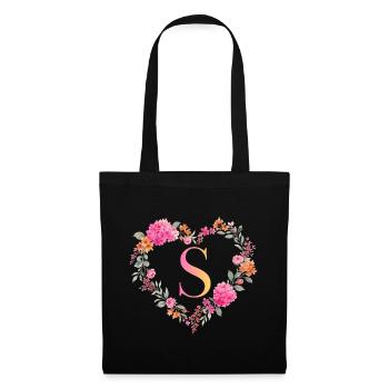 S Monogramm Blumen Herz personalisierbar - Stoffbeutel - Schwarz - Vorne