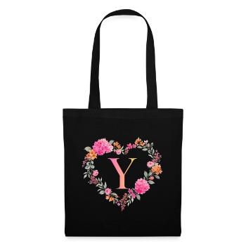 Y Monogramm Blumen Herz personalisierbar - Stoffbeutel - Schwarz - Vorne