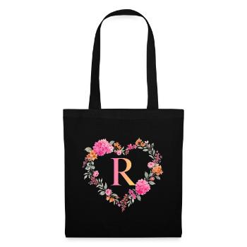 R Monogramm Blumen Herz personalisierbar - Stoffbeutel - Schwarz - Vorne
