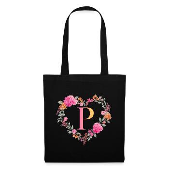 P Monogramm Blumen Herz personalisierbar - Stoffbeutel - Schwarz - Vorne