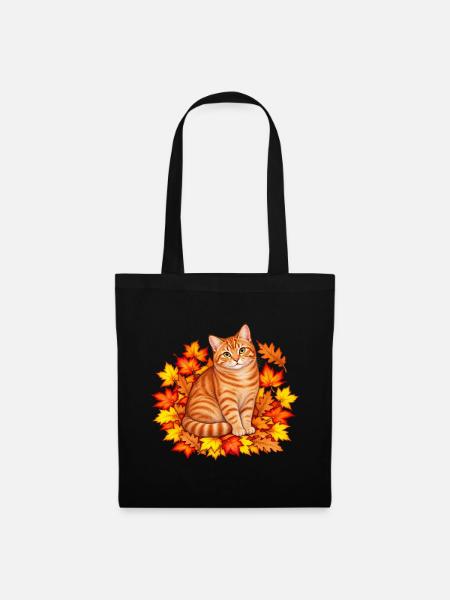 Herbstkatze in Blätterpracht - Stoffbeutel - Schwarz