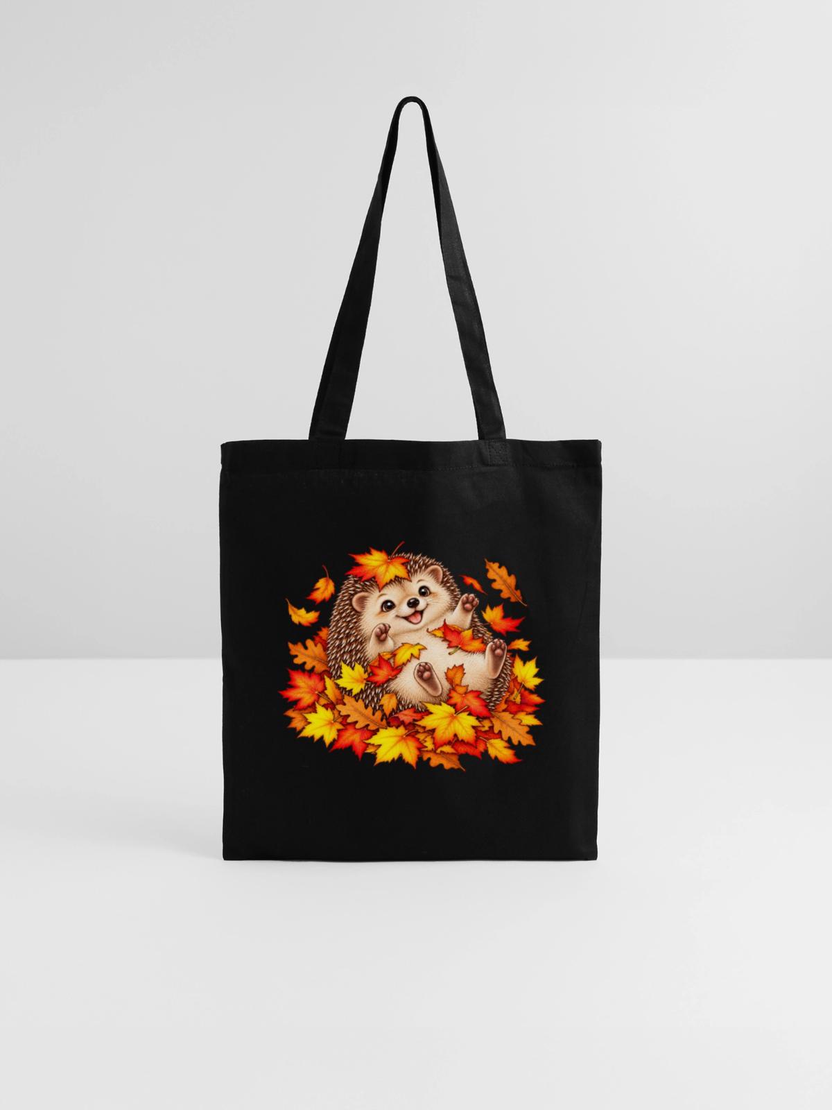 Herbstlicher Igel mit Blättern - Stoffbeutel - Schwarz - Vorne