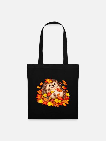 Herbstlicher Igel mit Blättern - Stoffbeutel - Schwarz