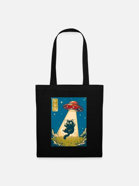 Retro Weltraumkatze UFO Poster - Stoffbeutel - Schwarz