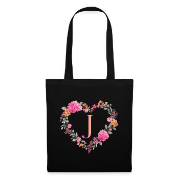 J Monogramm Blumen Herz personalisierbar - Stoffbeutel - Schwarz - Vorne