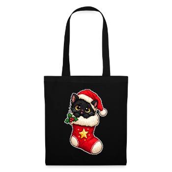 Schwarzes Weihnachtskätzchen in einer Pixel-Art-Socke - Stoffbeutel - Schwarz - Vorne