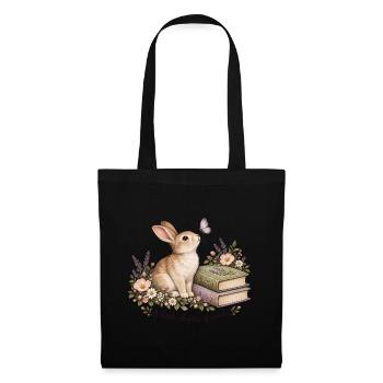 Kaninchen zwischen Büchern und Blumen - Stoffbeutel - Schwarz - Vorne
