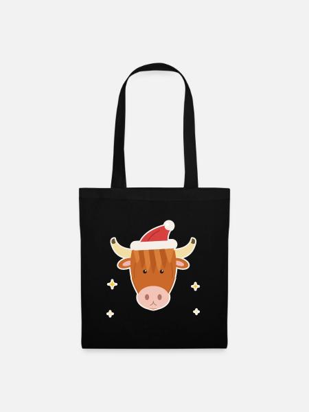 Highland Cow mit Weihnachtsmütze - Stoffbeutel - Schwarz