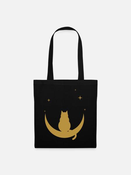 Katze auf dem Mond – goldene, sternenbedeckte Silhouette - Stoffbeutel - Schwarz