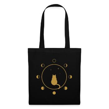 Katzen- und Mondphasen – goldene Silhouette - Stoffbeutel - Schwarz - Vorne