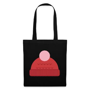 Wollmütze mit Bommel - Winter Motiv - Stoffbeutel - Schwarz - Vorne