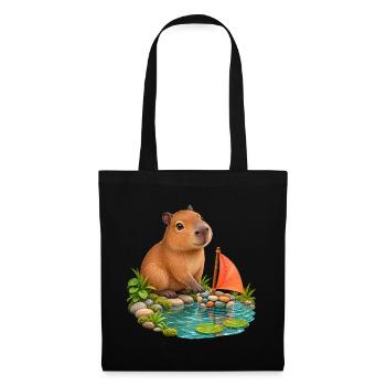Kleines Capybara am Kieselboot - Stoffbeutel - Schwarz - Vorne