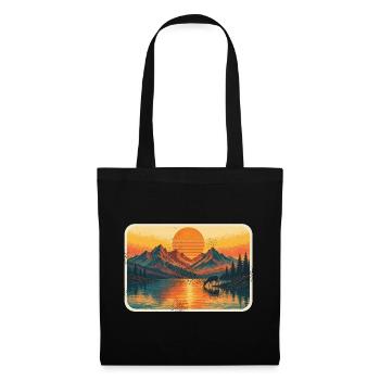 Retro Sonnenuntergang Berge See mit Hirsch - Stoffbeutel - Schwarz - Vorne