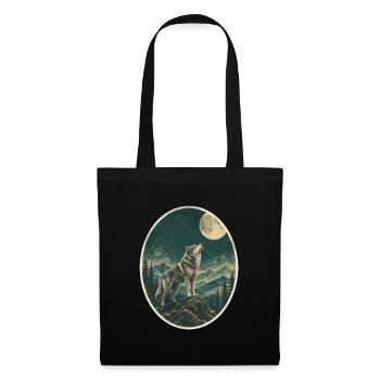 Wolf heult den Vollmond an – Vintage Wald - Stoffbeutel - Schwarz - Vorne