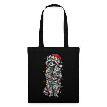Weihnachtsbär mit Lichterkette und kleiner Katze  - Stoffbeutel - Schwarz - Vorne