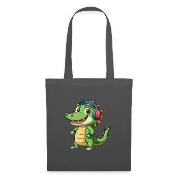 Krokodil Lustige Zeichentrickfigur Kopfhörer Musik - Stoffbeutel - Graphite - Vorne