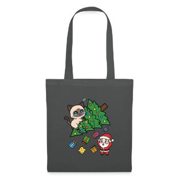 Weihnachtskatze zwischen Baum und Geschenken - Stoffbeutel - Graphite - Vorne