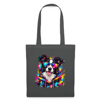 Border Collie mit Kopfhörern – Neon Graffiti - Stoffbeutel - Graphite - Vorne